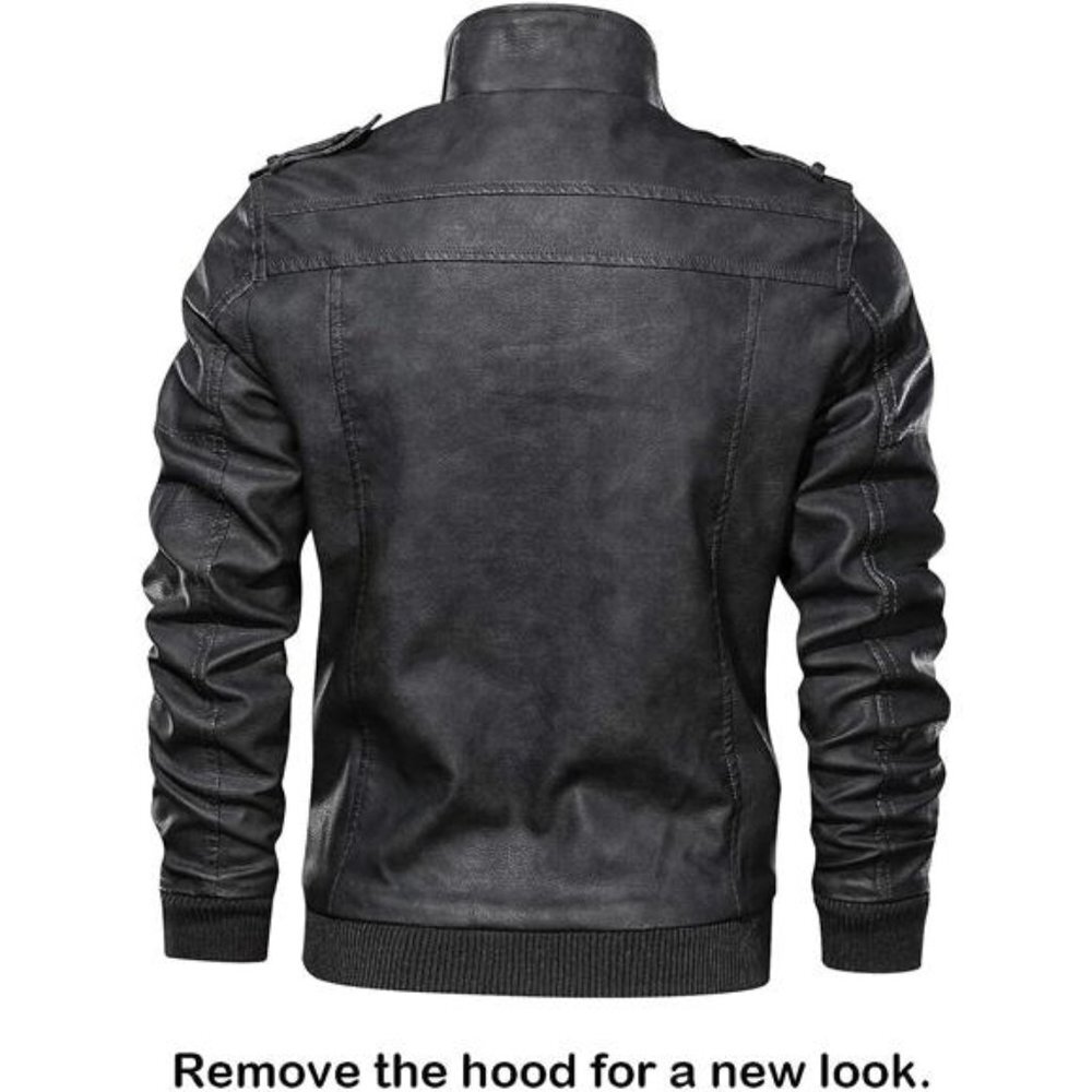 Black Faux Leather Motorcycle Bomber Jacket Zip Up Hoodie Removable Hood - Picture 5 of 6